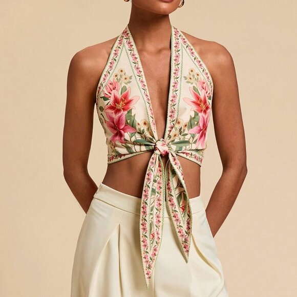 Multicolor Boho Women's Halter Neck Floral Print Blouse - Picture 6 of 7